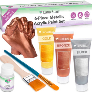 Luna Bean Metallic Acrylic Paint - Great for Hand Casting Kits! Rich Pigments of Silver, Bronze & Gold Metallic Paint - For Hand Mold Kit & Casting Kit Decor - 6pc Acrylic Paint Set w/Paint Sealant